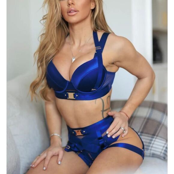 Honey Birdette KEELY💙 Navy Blue & Gold 2 Piece Set 32C & Small Thong - Picture 1 of 9